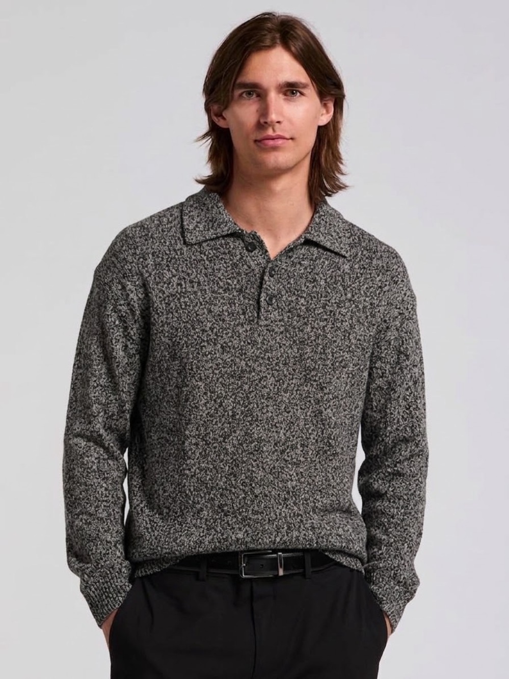 Perry Ellis Black & Gray Marled Long Sleeve V-Neck Collared Sweater Large